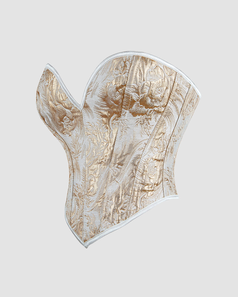 Light gold waist training corset side view with damask brocade texture and silver-toned trim