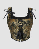 13-boned cotton corset, gold brocade with black satin ties and lace-up front