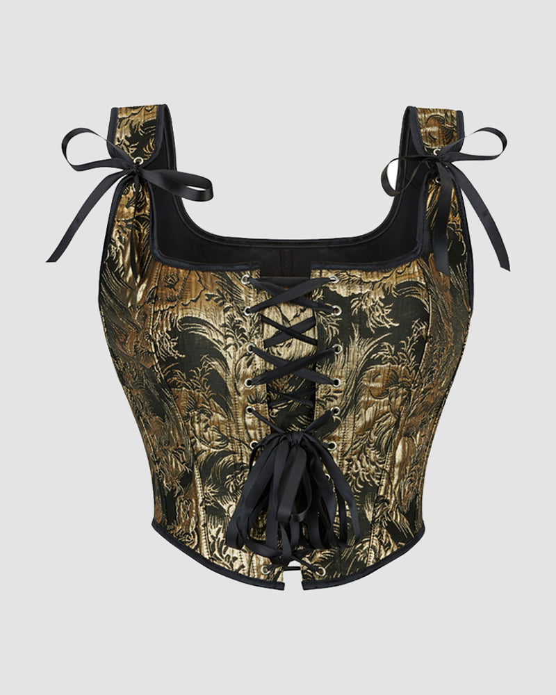 13-boned cotton corset, gold brocade with black satin ties and lace-up front