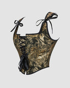 13-boned cotton corset front view, gold brocade with black ribbon lacing and bow details