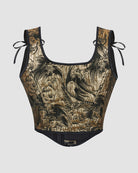 13-boned cotton corset, gold brocade sweetheart neckline with black trim and side ribbons