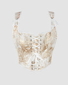 13-boned cotton corset, cream brocade with white lace-up front and satin bow ties