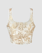 13-boned cotton corset, cream brocade with wide scoop neckline and smooth bodice