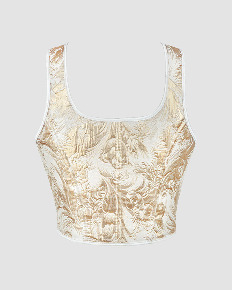 13-boned cotton corset, cream brocade with wide scoop neckline and smooth bodice