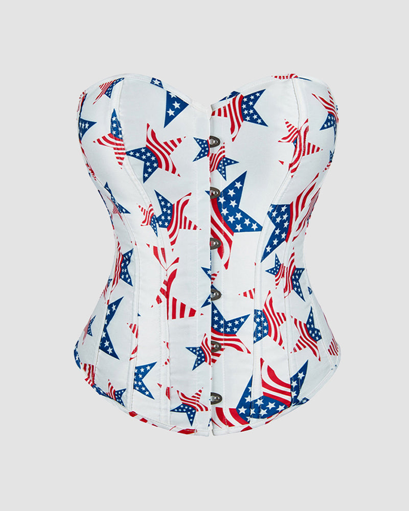 White cotton corset with blue and red star flag print, cupped bodice and lace-up front