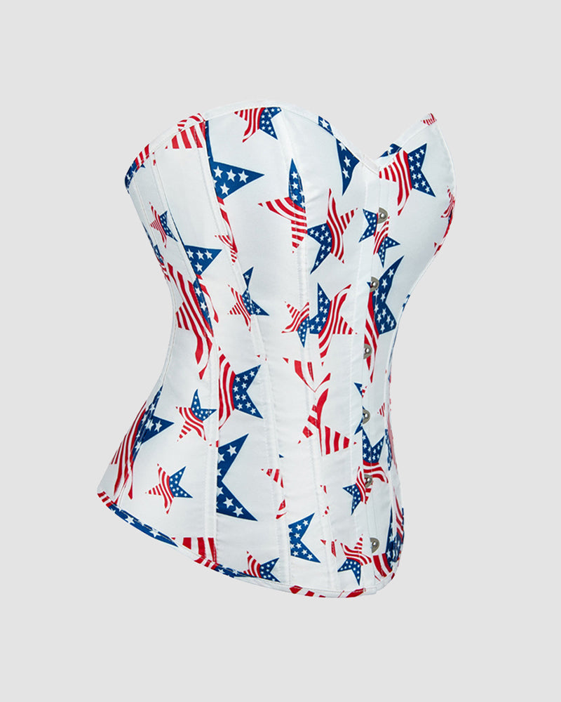 White cotton corset with star flag print, structured seams and curved lower hem