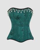 Dark green cotton corset with pearl-and-teardrop tassel trim and black edging