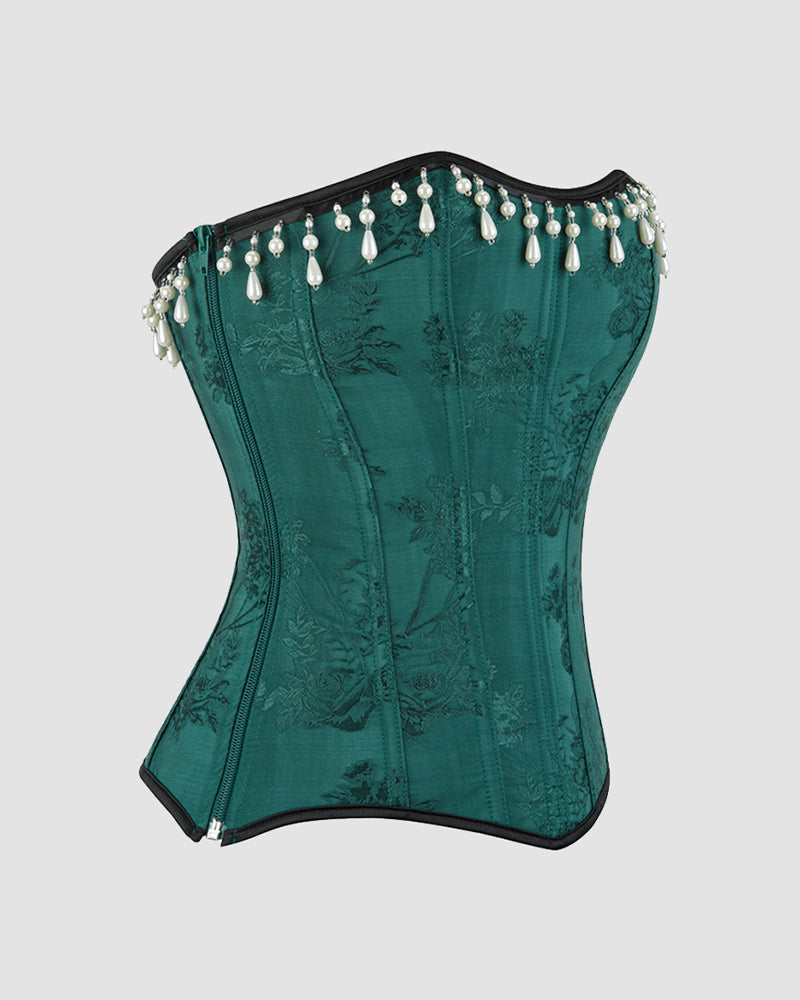 Dark green waist corset with pearl tassel trim and black trim, front view
