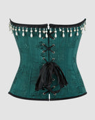 Dark green corset back with pearl-and-teardrop tassel trim and black lace-up ribbon