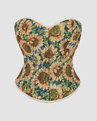 Sunflower floral cotton corset, sweetheart neckline, front busk/buttons, 12-boned shape