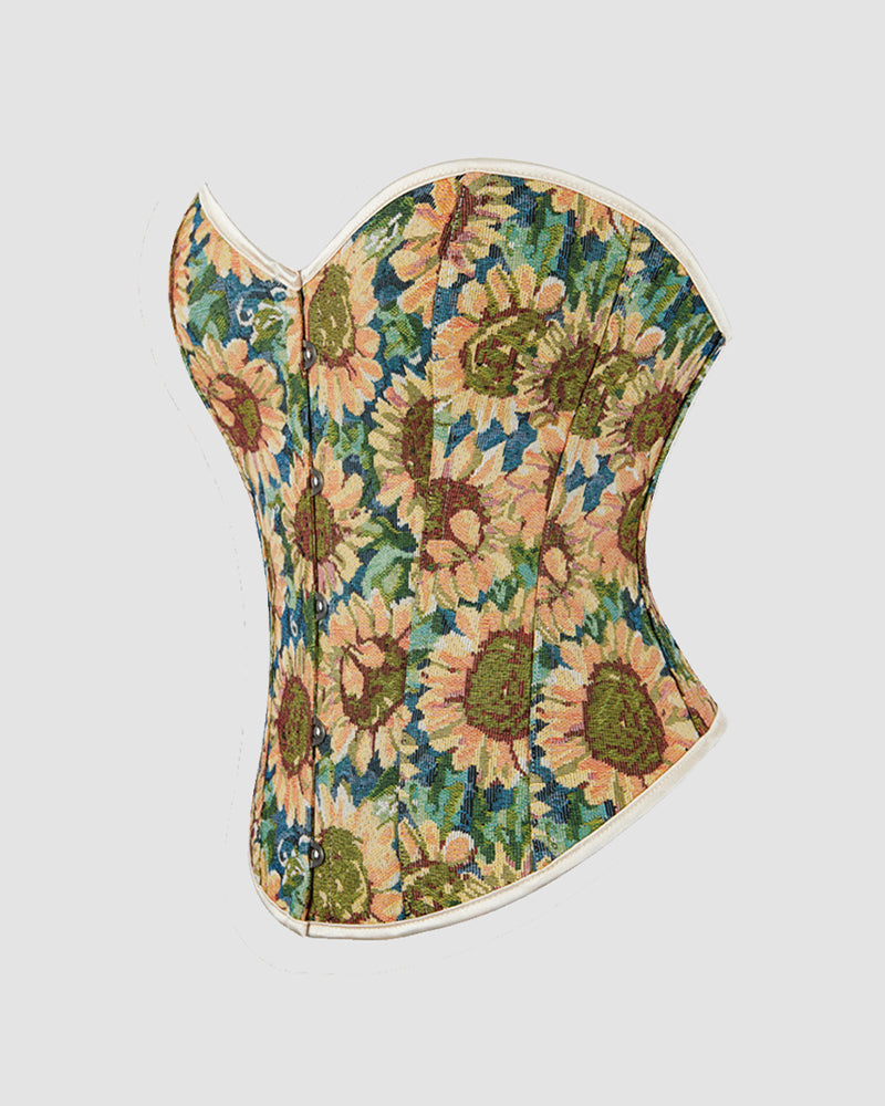Sunflower floral cotton corset side view with front busk/buttons and boned seams