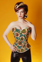 Sunflower floral cotton corset on model, curved sweetheart bust with front busk/buttons