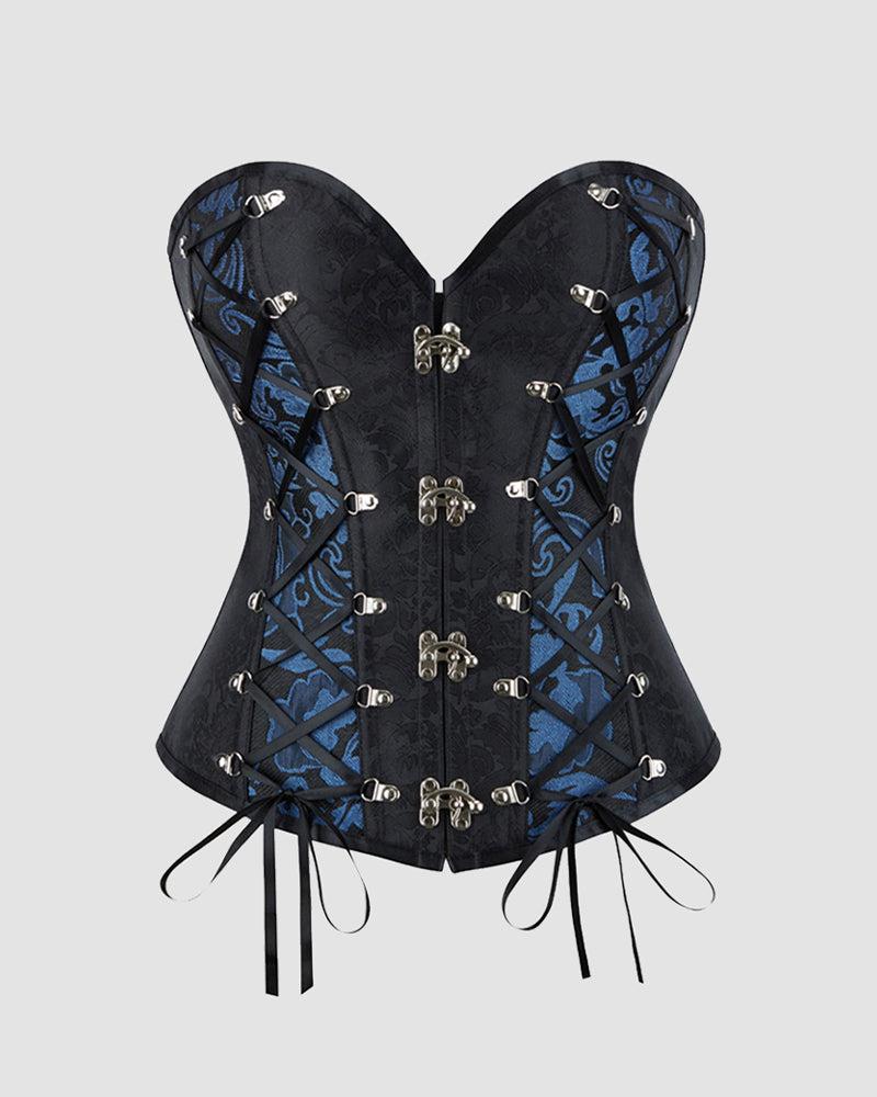 Black gothic corset with blue lace-up panels, metal eyelets, and dangling ribbon ties