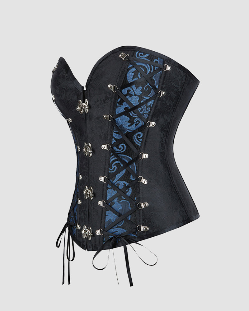 Black gothic corset with blue lattice front, metal clasps, and lace-up ribbon ties