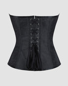 Black gothic corset with vertical seams and front lace-up closure, tassel drawstrings