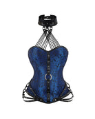 Dark blue boned cotton corset with front eyelet lacing and side strap garters