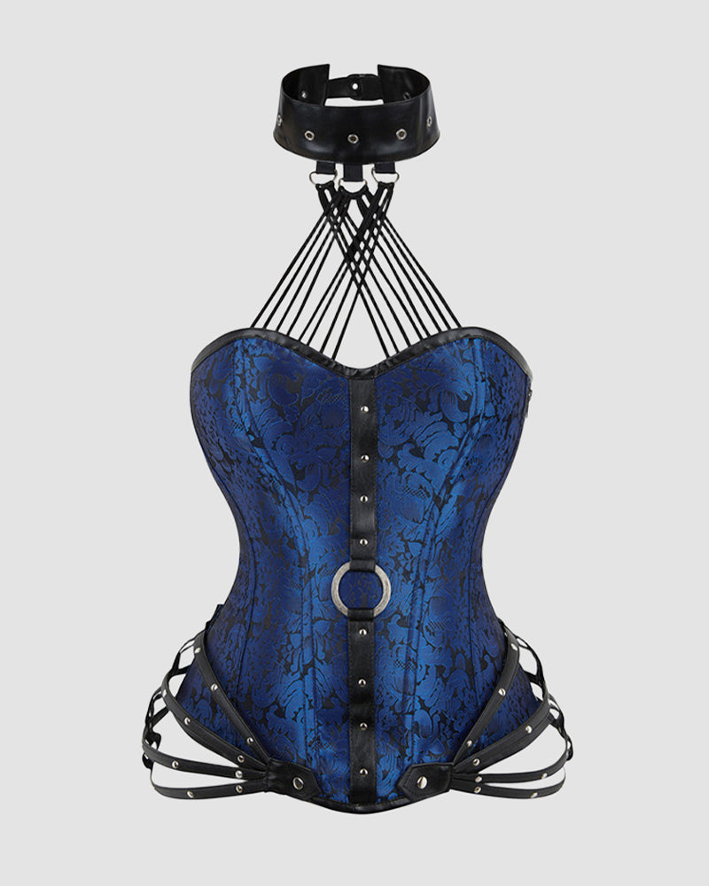 Dark blue boned cotton corset with front eyelet lacing and adjustable waist straps