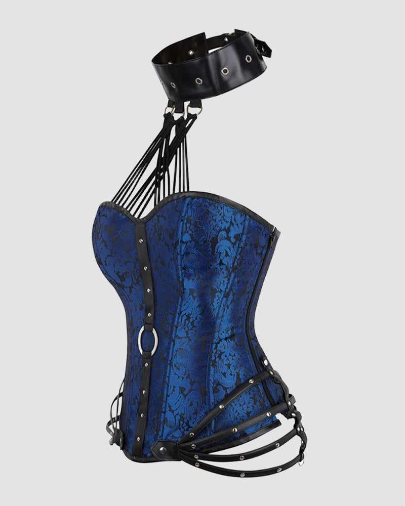 Dark blue boned cotton corset with black garter straps and central button placket