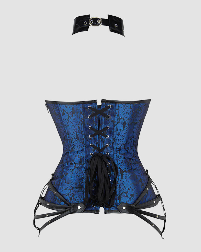Blue floral-print corset with black lace-up front panel and waist garter straps
