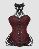 Red brocade corset with black boning, front lacing, and side zipper hardware