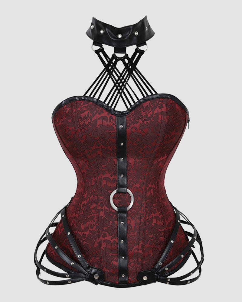 Red brocade corset with black boning, front lacing, and side zipper hardware