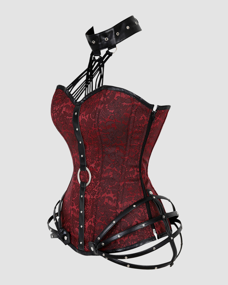 Burgundy 1980s corset with black leather accents and choker, ideal for parties and weddings