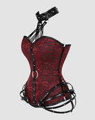 Red brocade corset, back view with black eyelet boning and side zipper