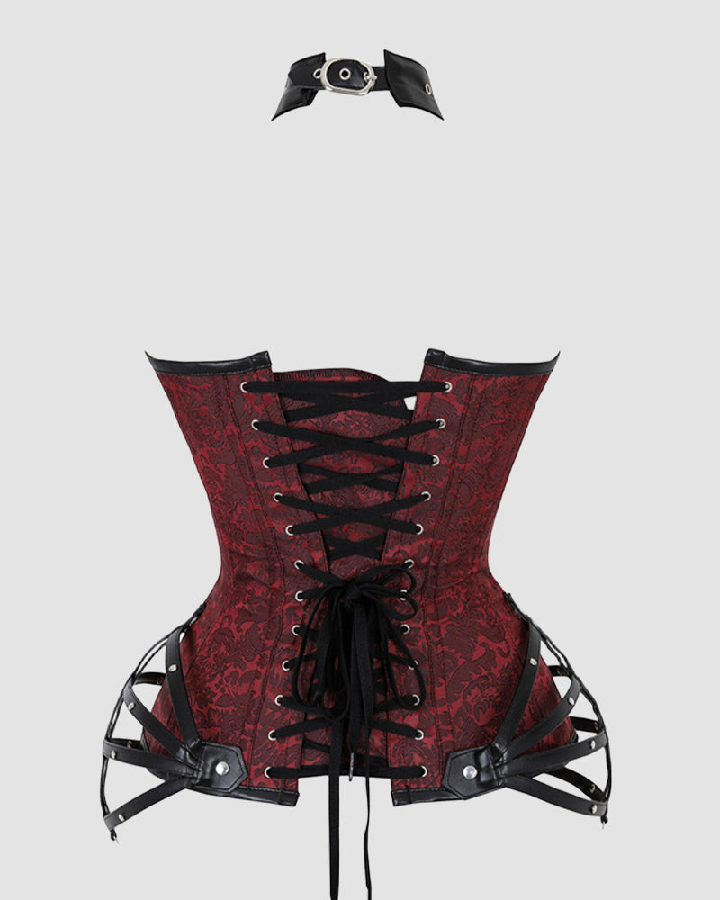 1980s burgundy floral corset with black leather accents and choker, perfect for parties and weddings