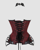 Red corset with black front lacing, sweetheart neckline, and side zipper panels