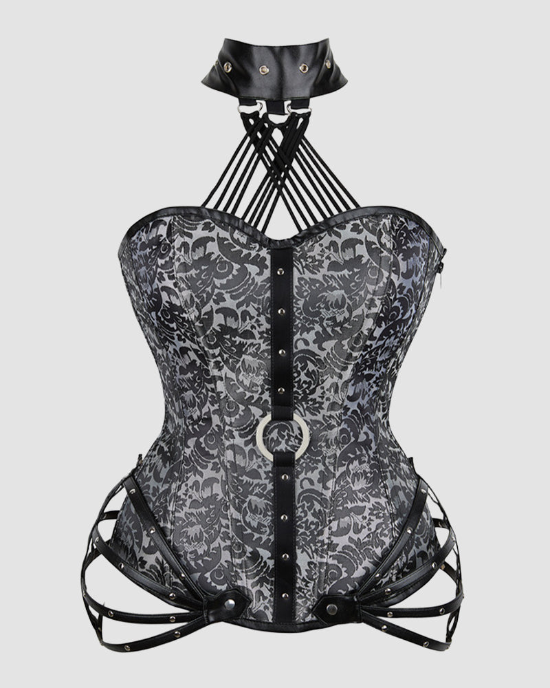 Black floral corset with leather accents, choker, and straps. Ideal for parties and weddings.