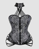 Grey-and-black damask corset with black boning, front lacing, and side zipper