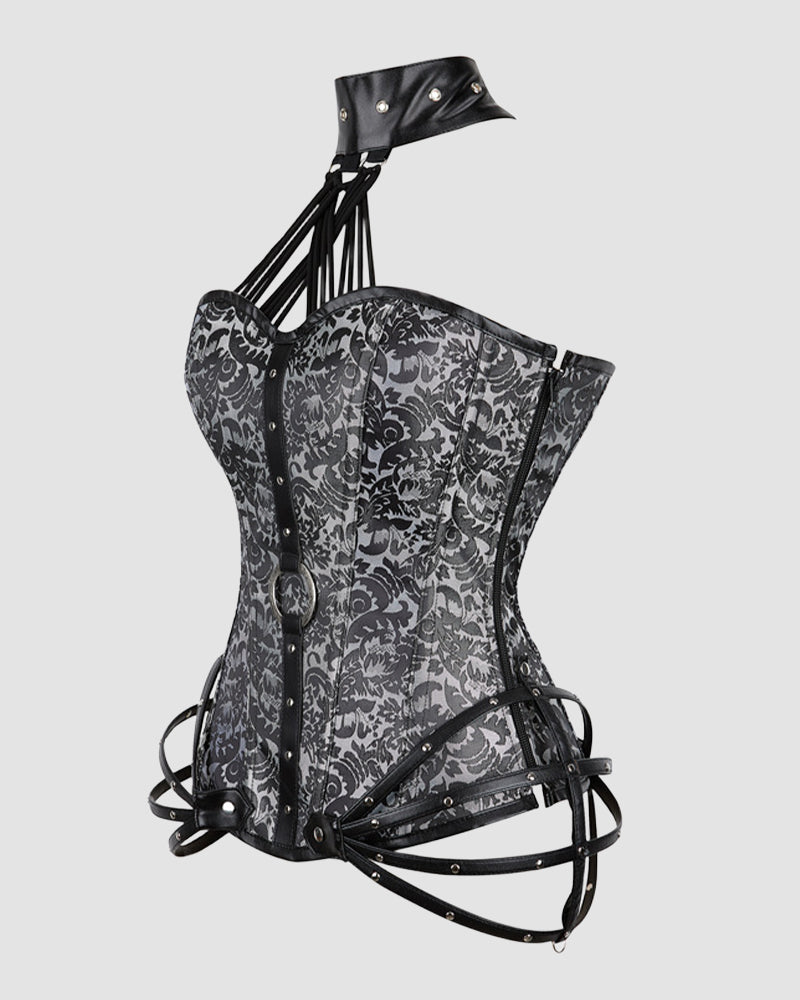 1980s black floral corset with leather accents and choker, perfect for parties and weddings