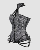 Grey damask corset, side view with black boning, lacing-up front, and side zipper