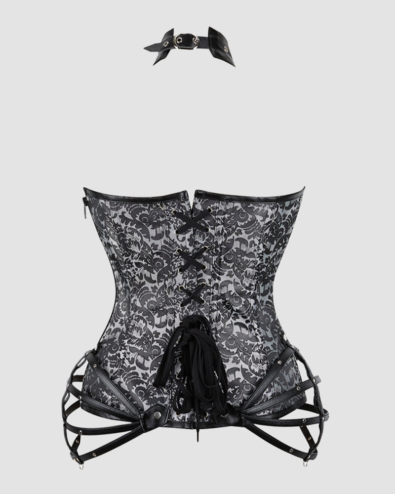 Black floral 1980s corset with leather accents and choker, perfect for parties and weddings