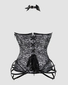 Grey damask corset with black front lacing and side zipper, back view detail