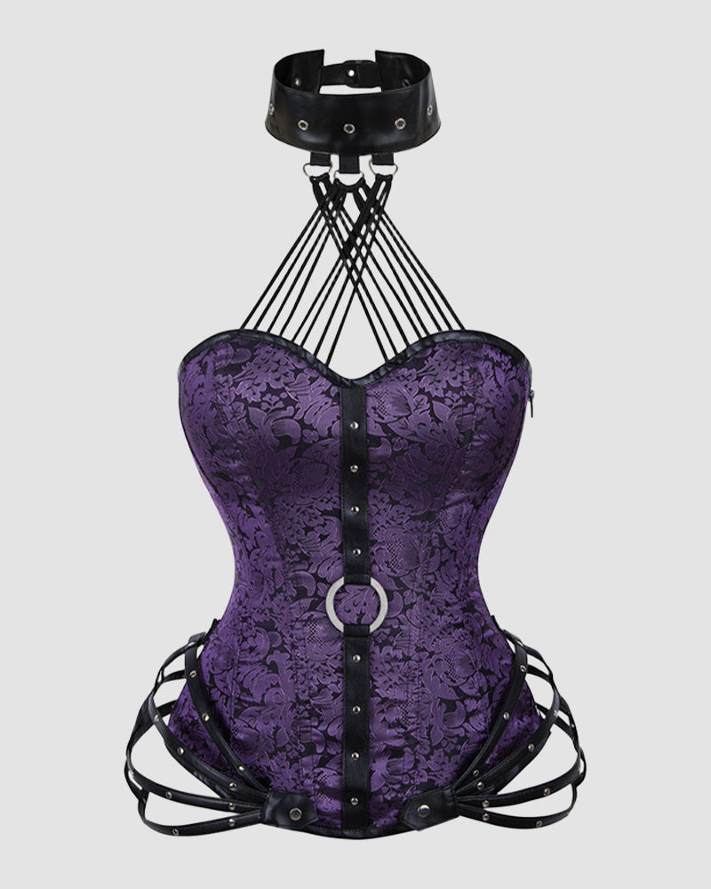Purple boned cotton corset with front eyelet lacing and black waist garter straps
