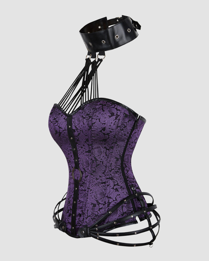 Purple boned cotton corset with black garter straps and central button placket