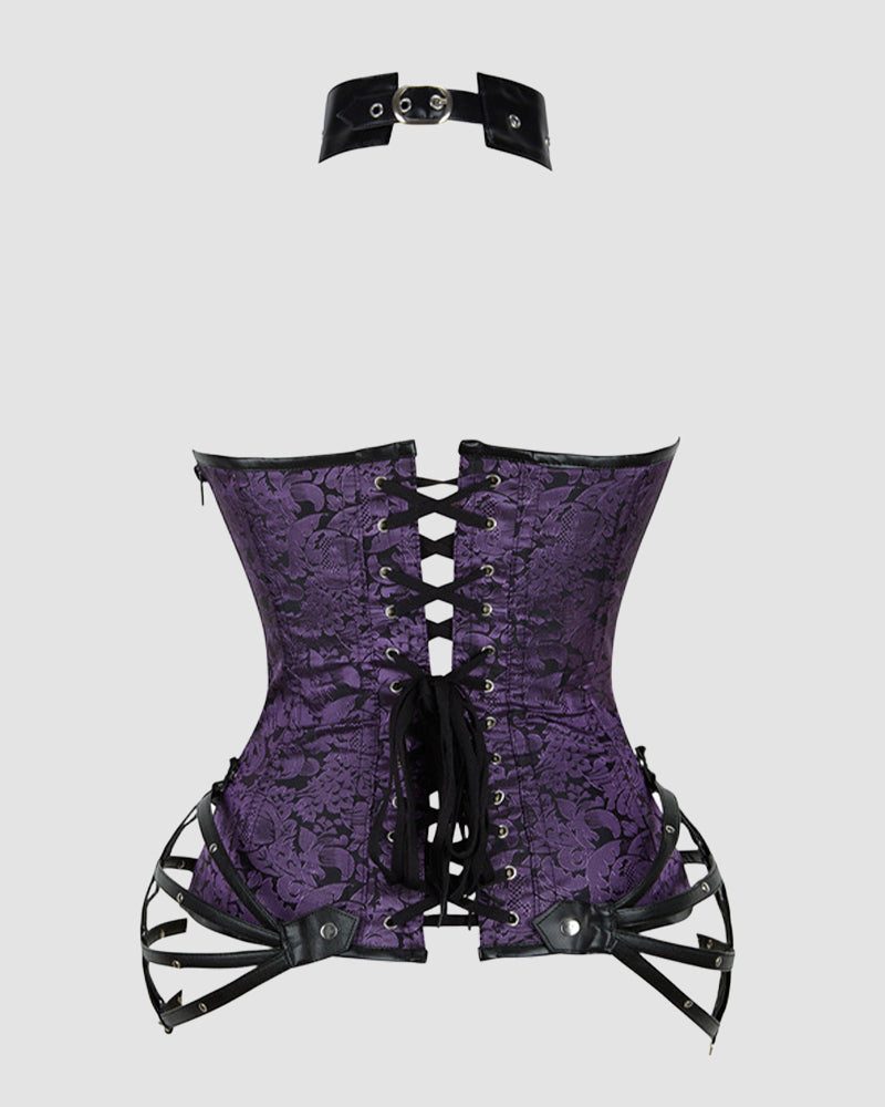 Purple floral-print corset with black lace-up front panel and waist garter straps
