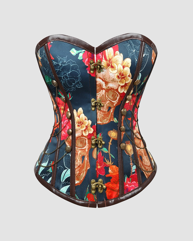 12-boned cotton corset, skull-themed floral print, bronze buttons, front lacing