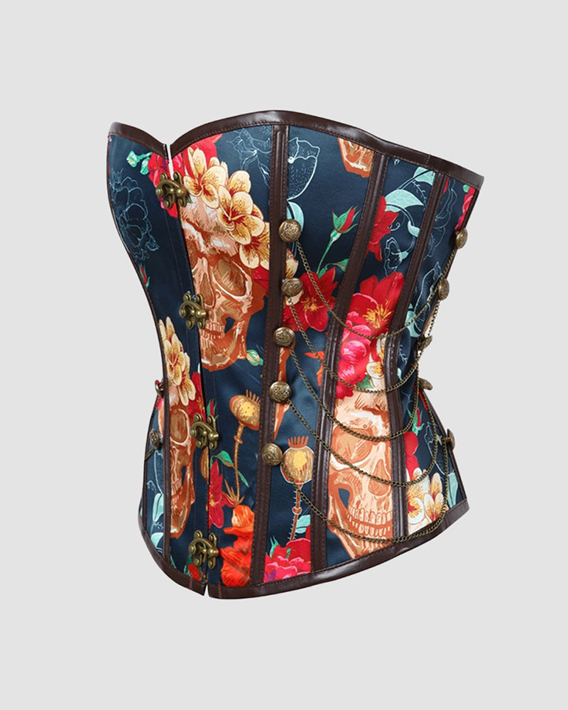 12-boned cotton corset side view, skull-themed floral print, bronze eyelets and lacing