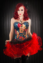 Strapless 12-boned corset with skull-themed floral print, sweetheart neckline, boned shaping