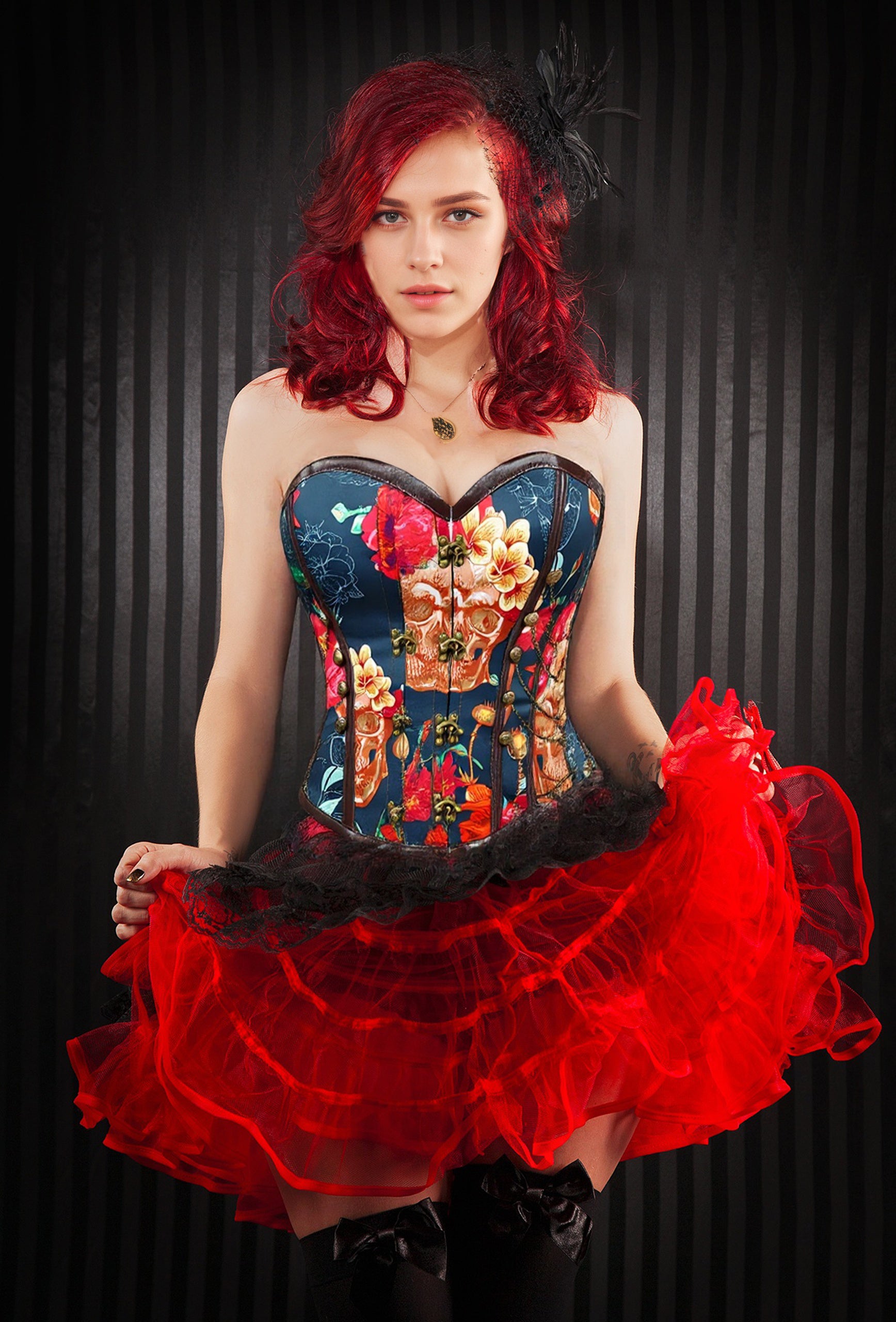 Strapless 12-boned corset with skull-themed floral print, sweetheart neckline, bronze details