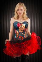 Strapless 12-boned corset with skull-themed floral print and sweetheart neckline