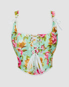 Green floral cotton corset with lace-up front and ribbon bow straps