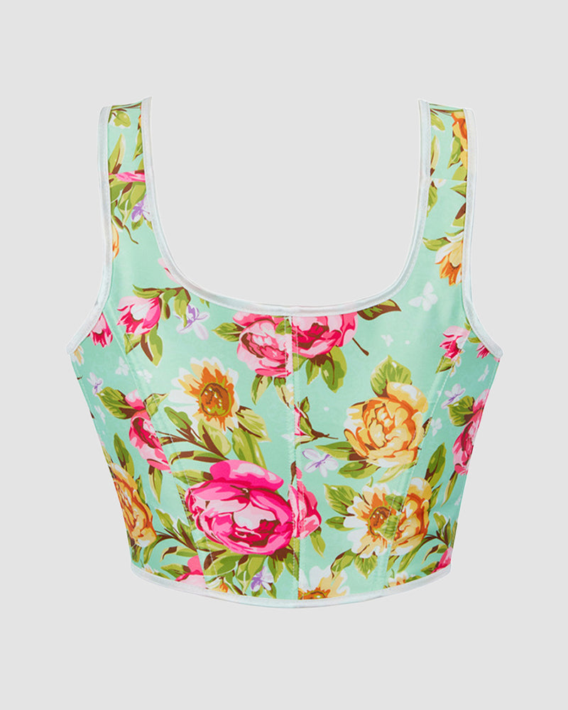 Mint green floral cotton corset with scalloped neckline and lace-up front