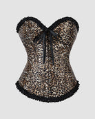 Leopard print cotton corset with black lace trim and front lacing