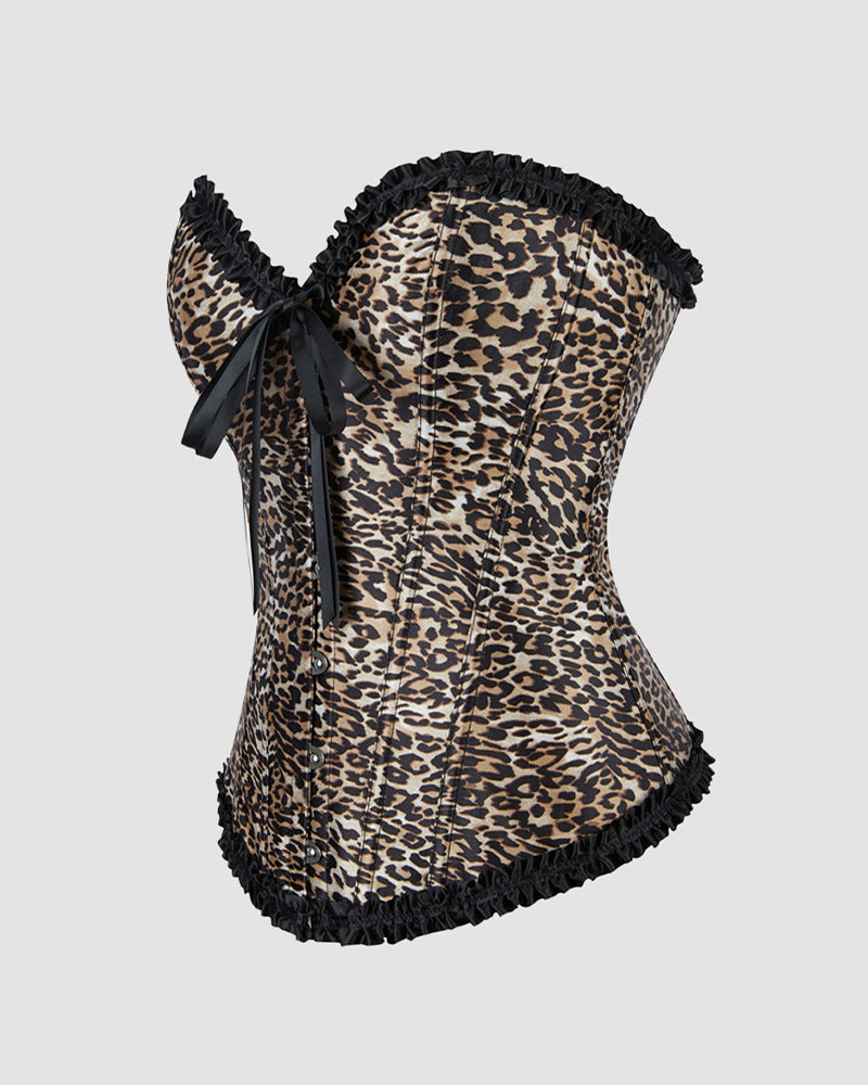Leopard print corset with black lacing and bow at the neckline