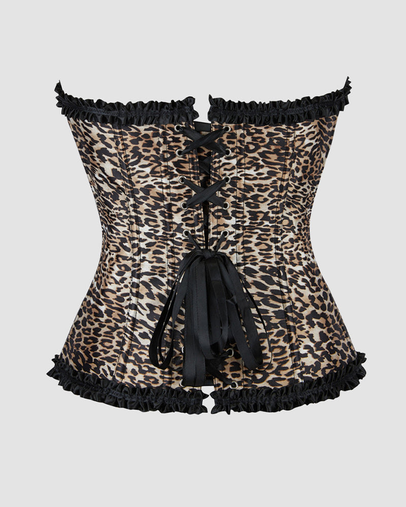 Leopard print corset with grommet lacing and ribbon bow center detail