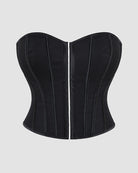 Black cotton corset with vertical boning and front busk closure, sweetheart neckline