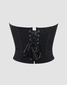 Black cotton corset front with lace-up bow detail and sweetheart neckline
